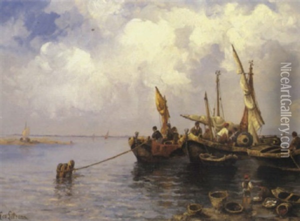 Muschelfischer Mit Ihren Booten In Der Lagune Oil Painting - Leontine (Lea) von Littrow