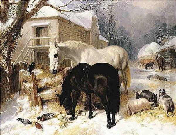 Feeding Time In Winter Oil Painting - John Frederick Herring Snr