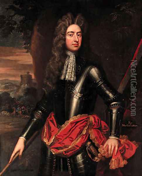Portrait of an Officer, three-quarter-length, in armour, with a red sash, holding a baton, a cavalry skirmish below a castle beyond Oil Painting - Sir Godfrey Kneller