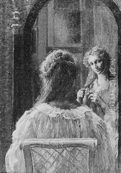 Jeune Femme Faisant Sa Natte Devant Un Miroir Oil Painting - Marie Louise Catherine Breslau