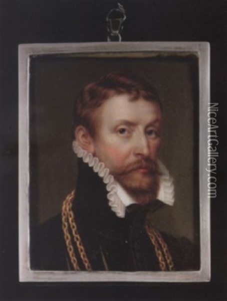 Self-portrait, Wearing Black Doublet, Slashed To Reveal White, White Ruff Collar And Two Gold Chains Oil Painting - Henry-Pierce Bone