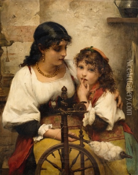 At The Spinning Wheel Oil Painting - Francois Lafon