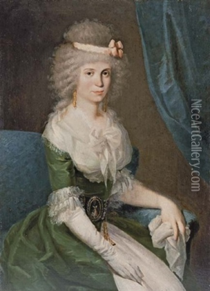 Portrait Of A Lady In A Green Dress With White Lace Sleeves And Collar Oil Painting - Antonio Carnicero Mancio