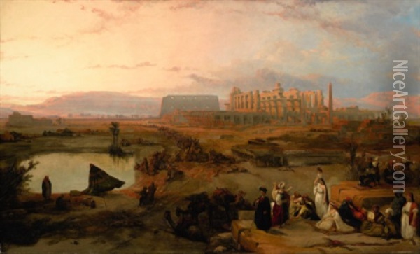 Ruins Of The Great Temple At Karnak, Sunset Oil Painting - David Roberts