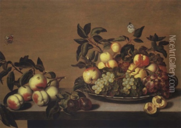 Grapes, Peaches On A Waanli Kraak Porselein Plate, With Other Fruit On A Ledge, And A Large White And A Tortoiseshell Butterfly Oil Painting - Bartholomeus Assteyn