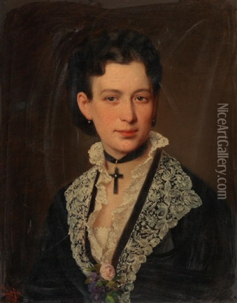 Portrait Of A Lady In A Black Dress With Lace Collar Oil Painting - Ernst Lafite