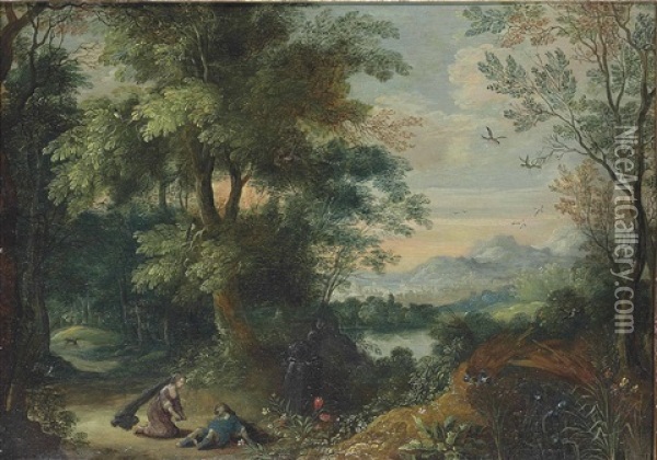 A Wooded Landscape With Pyramus And Thisbe Oil Painting - Anton Mirou