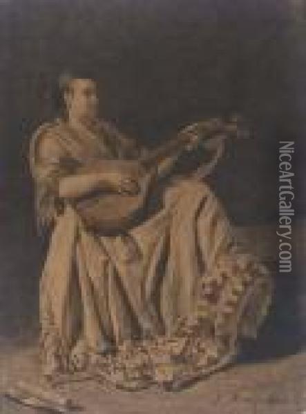 A Seated Woman Playing A Mandolin Oil Painting - Francois Bonvin