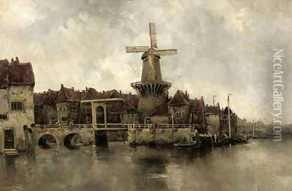 A windmill by a drawbridge in a town Oil Painting - Hermanus Koekkoek