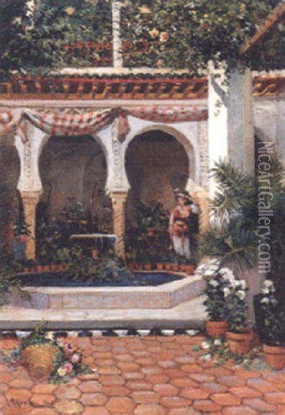 Cour Fleurie D'un Palais Maure Oil Painting - Tito Marzocchi de Belluci