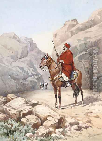 An Arab warrior on horseback in a desert gorge Oil Painting - Vittorio Rappini
