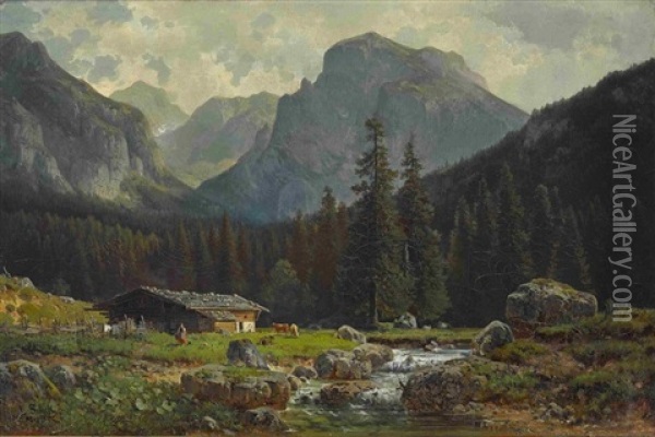 Almhutte In Gebirgslandschaft Oil Painting - Ludwig Sckell