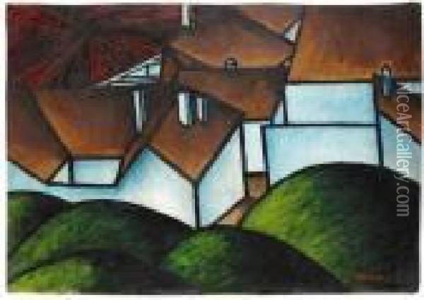 Landschaft Mit Hausern Oil Painting - Laszlo Moholy-Nagy