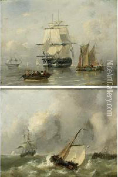 Shipping In A Calm; Boats In Choppy Waters (a Pair) Oil Painting - George Willem Opdenhoff