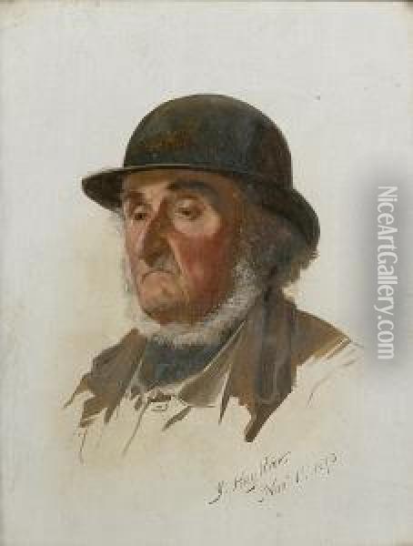 Study Of An Elderly Man In A Bowler Hat; Study Of An Elderly Man In A Straw Hat Oil Painting - James Hayllar