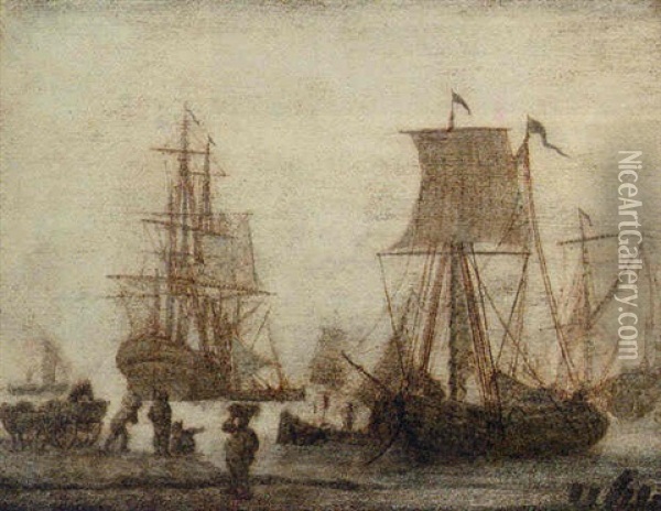 Shipping In A Harbour With Figures In A Shore Oil Painting - Adriaen Van Salm