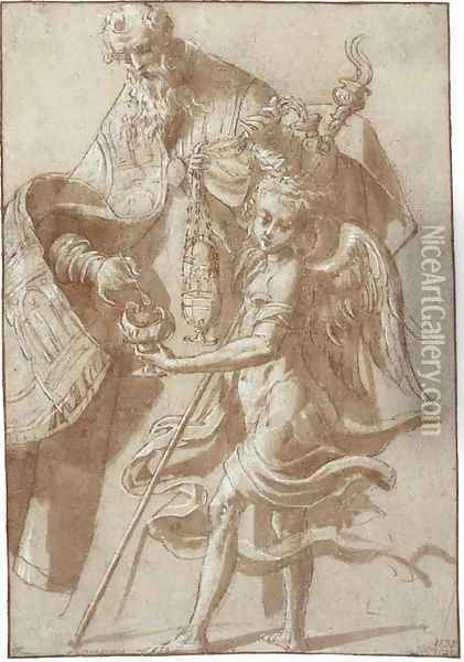 Saint Alexander filling a censer held by an angel Oil Painting - Girolamo Mazzola Bedoli