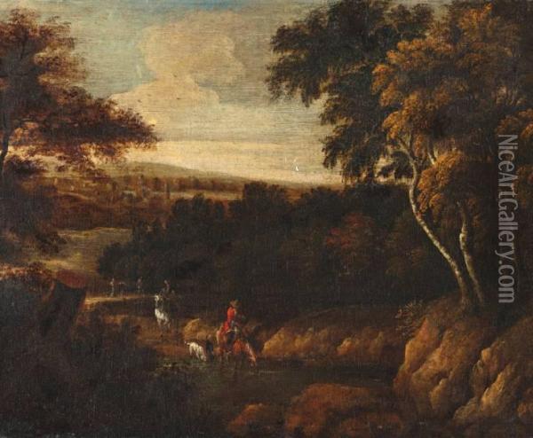 Heuvellandschap Met Ruiters En Honden Bij Een Drenkplaats Oil Painting - Cornelis Huysmans