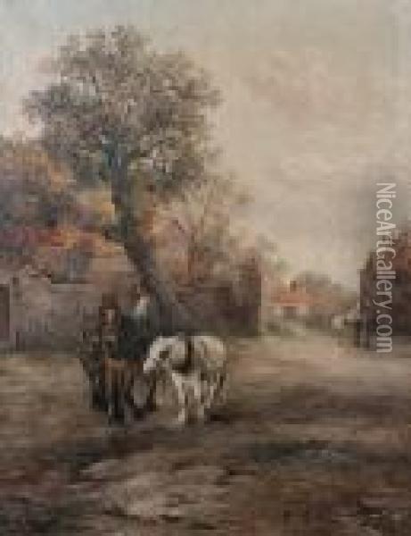 Plough Horses And Figures In A Village Street Oil Painting - Emil Barbarini