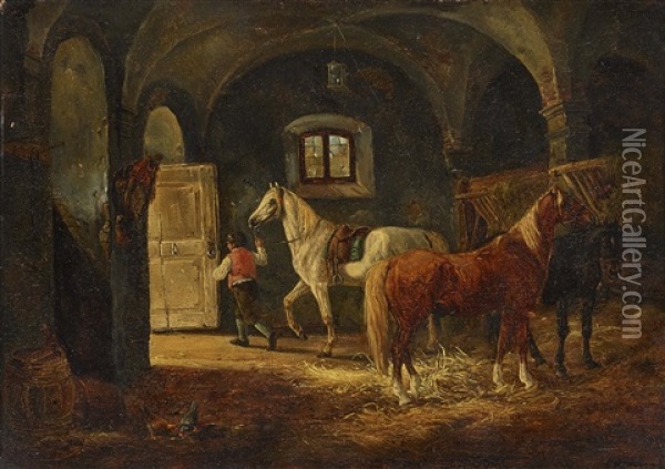 Stable Scene Oil Painting - Ludwig Hartmann
