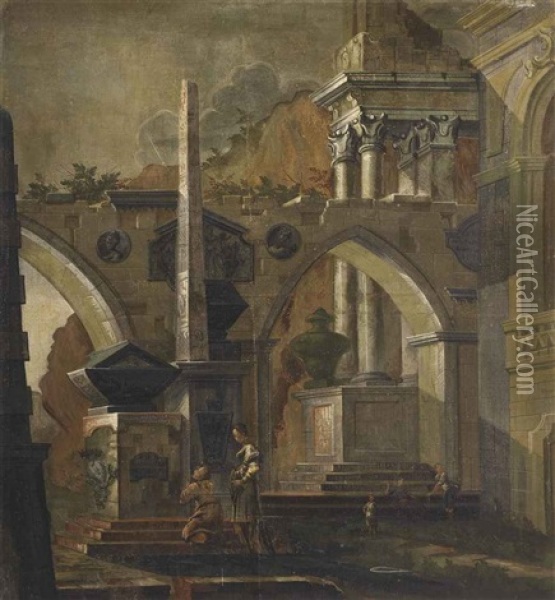 An Architectural Capriccio With Figures Before An Obelisk Oil Painting - Antonio Visentini