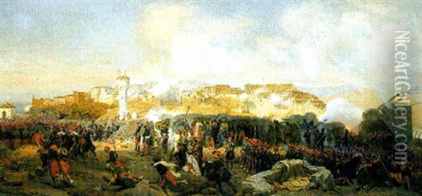Attaque De Constantine: Le Colonnes D'assault Se Mettent En Mouvement Le 13 Octobre 1837 Oil Painting - Leon Jean Basile Perrault