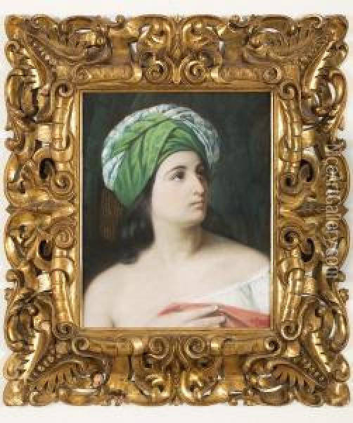 Bildnis Einer Dame Mitgrunem Turban Oil Painting - Francesco Paolo Hayez