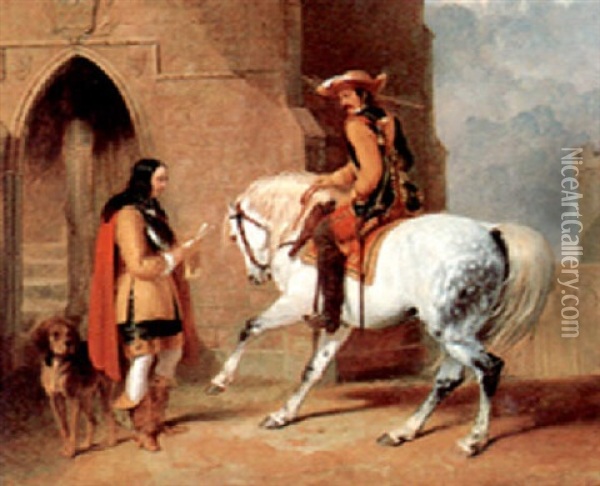 A Courier On Horseback Before The Lord Of A Castle Oil Painting - Gerard ter Borch the Younger
