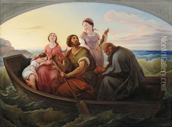 Die Vier Lebensalter. Allegorische Figuren In Einer Barke Bei Sonnenuntergang Oil Painting - Carl (Karl) Joseph Geiger