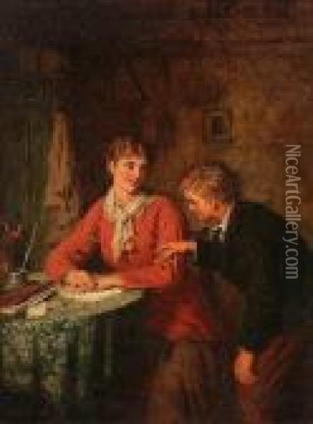 Cooking Apples By The Fireside; A Secret Letter Oil Painting - Robert W. Wright