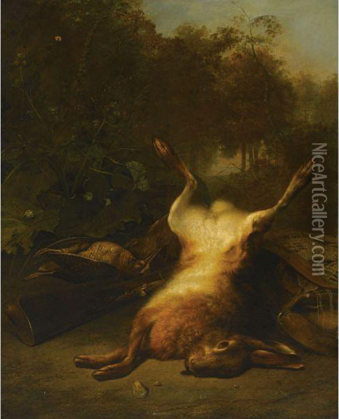 Game Still Life Of A Dead Hare, Two Partridges And Hunting Gear Ina Forest Landscape Oil Painting - Joannes Esman