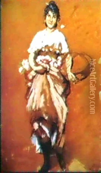 Figura Femminile Con Cesto Di Fiori; Figura Femminile Con   Fazzoletto Oil Painting - Eugen von Blaas