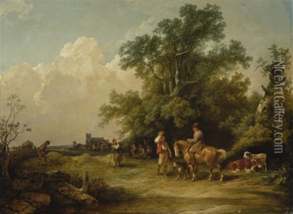 A Landscape With Herdsmen, Animals, And A Traveler On A Horse The Foreground Oil Painting - Philip James de Loutherbourg