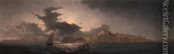 Valetta Harbour By Moonlight Oil Painting - Luigi Maria Galea