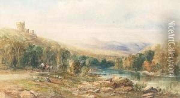 River Landscape With A Castle On The Hill Oil Painting - William Oliver