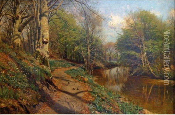 Alandskab (river Landscape) Oil Painting - Peder Mork Monsted