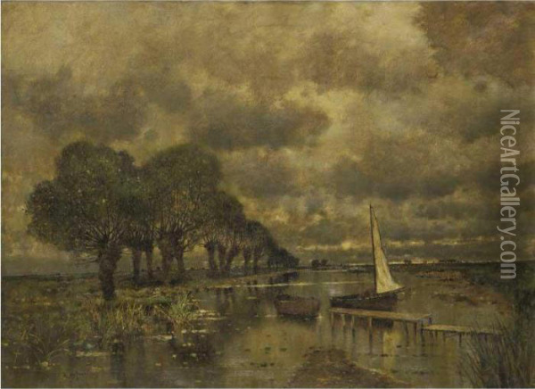 River Landscape With Sailboat Oil Painting - Karl Heffner