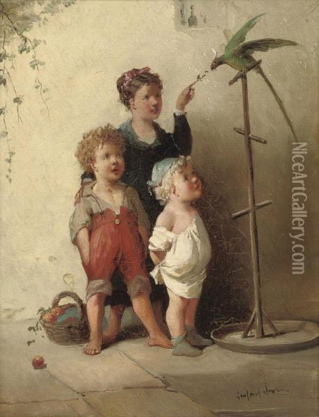 Playing With The Parrot In The Courtyard Oil Painting - Francois Louis Lanfant de Metz