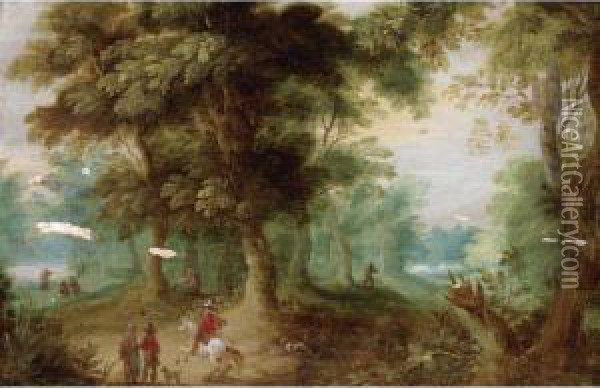 A Wooded Landscape With Huntsmen In The Foreground Oil Painting - Jasper van der Lamen