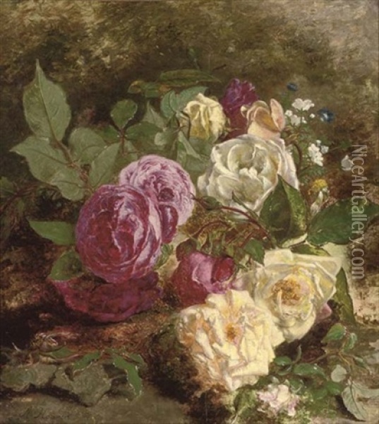 Pink, White And Yellow Roses Oil Painting - Adriana Johanna Haanen