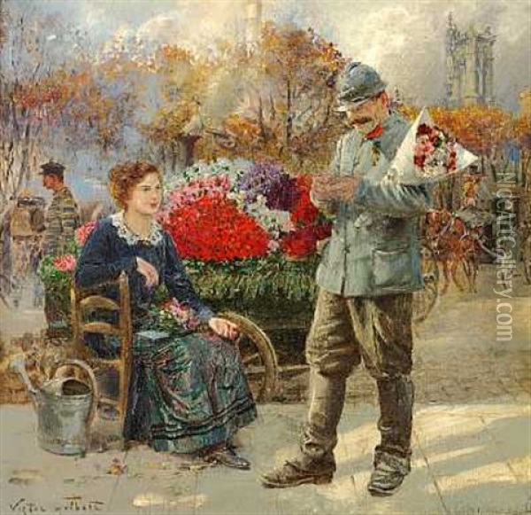 En Blomstersaelgerske Pa En Gade I Paris Oil Painting - Victor Gabriel Gilbert
