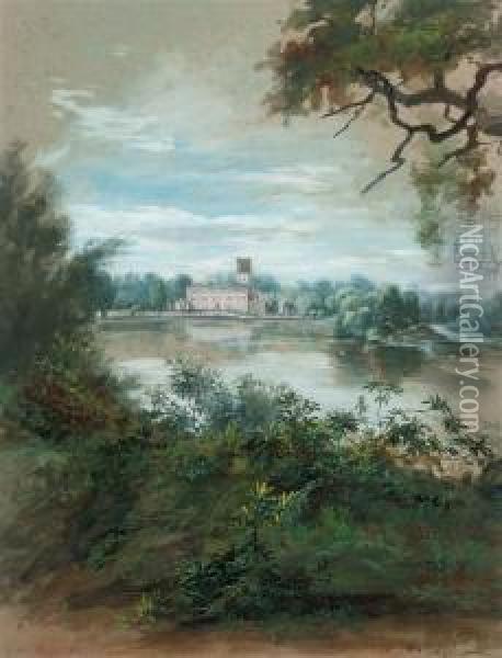 Trentham Hall, Staffordshire Seen Across The River Oil Painting - William Mussill