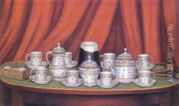 Still Life Of A Coffee Service, With A Hot Milk Pot, A Sucrier, A Mallet And A Hatchet All On A Table Oil Painting - Andre Bouys