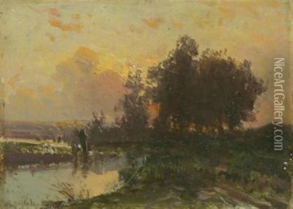Flussauen Im Abendrot Oil Painting - Gaston Anglade
