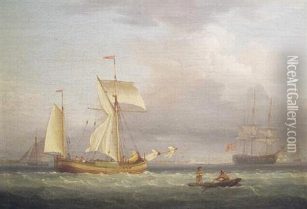 Ships And A Rowboat In Choppy Water Oil Painting - William Clarkson Stanfield
