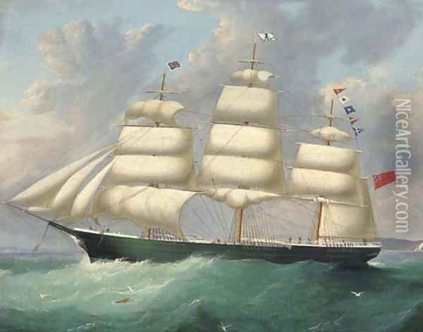 The full-rigged ship Duisburg flying her number at sea Oil Painting - Francis Hustwick