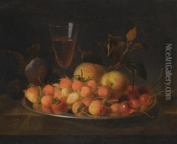 Still Life Of Strawberries, Cherries, And Peaches On A Silver Dish, A Glass Of Red Wine And Plums, All On A Wooden Ledge Oil Painting - Jakob Bogdani