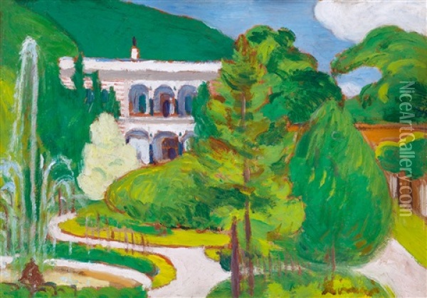 The Casino In Herkulesfurdo  (sunlit Garden With A Spring) Oil Painting - Jozsef Rippl-Ronai