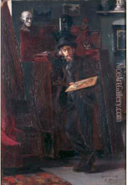 Autoportrait Dans L'atelier Oil Painting - Henri Ottmann