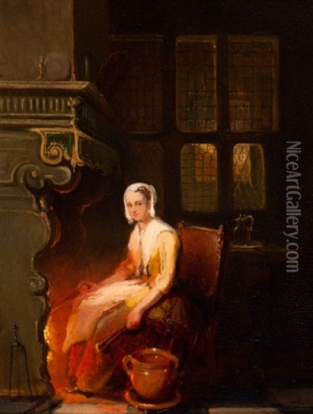 Warming Up By The Fire Oil Painting - Johannes Antoine Balthasar Stroebel